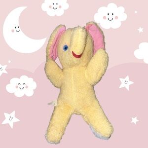 Vtg Commonwealth Toys Yellow Elephant Pink Ears Stuffed Plush Animal Blue Eyes